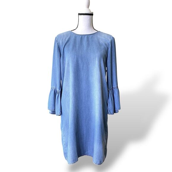 Cloth & Stone Anthropologie Chambray Dress Sz 3/4 Ruffle Sleeves Open Tie Back - Picture 2 of 16